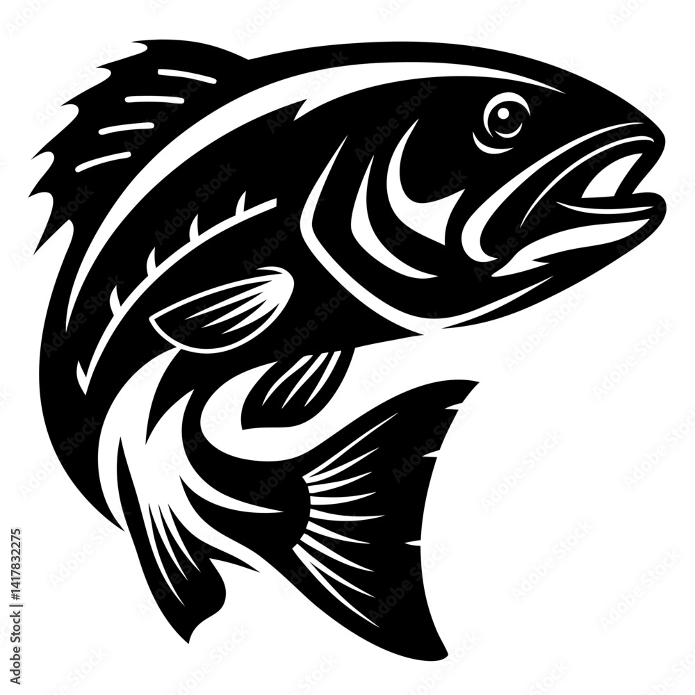 Stylized Black and White Illustration of a Leaping Largemouth Bass Fish Stylized Black and White Illustration of a Leaping Largemouth Bass Fish
