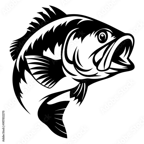 Bold Black and White Illustration of a Jumping Largemouth Bass Fish