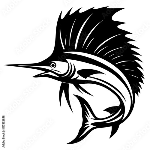 Black and White Vector Silhouette Illustration of a Majestic Sailfish Jumping
