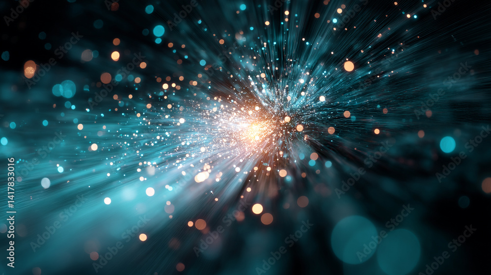 Fototapeta premium Radiant cosmic explosion or energy burst in deep space, with glowing blue and orange particles spreading outward in a dynamic, high-energy abstract composition.