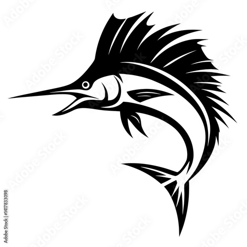 Striking Black and White Sailfish Silhouette Leaping Upward in a Dynamic Pose