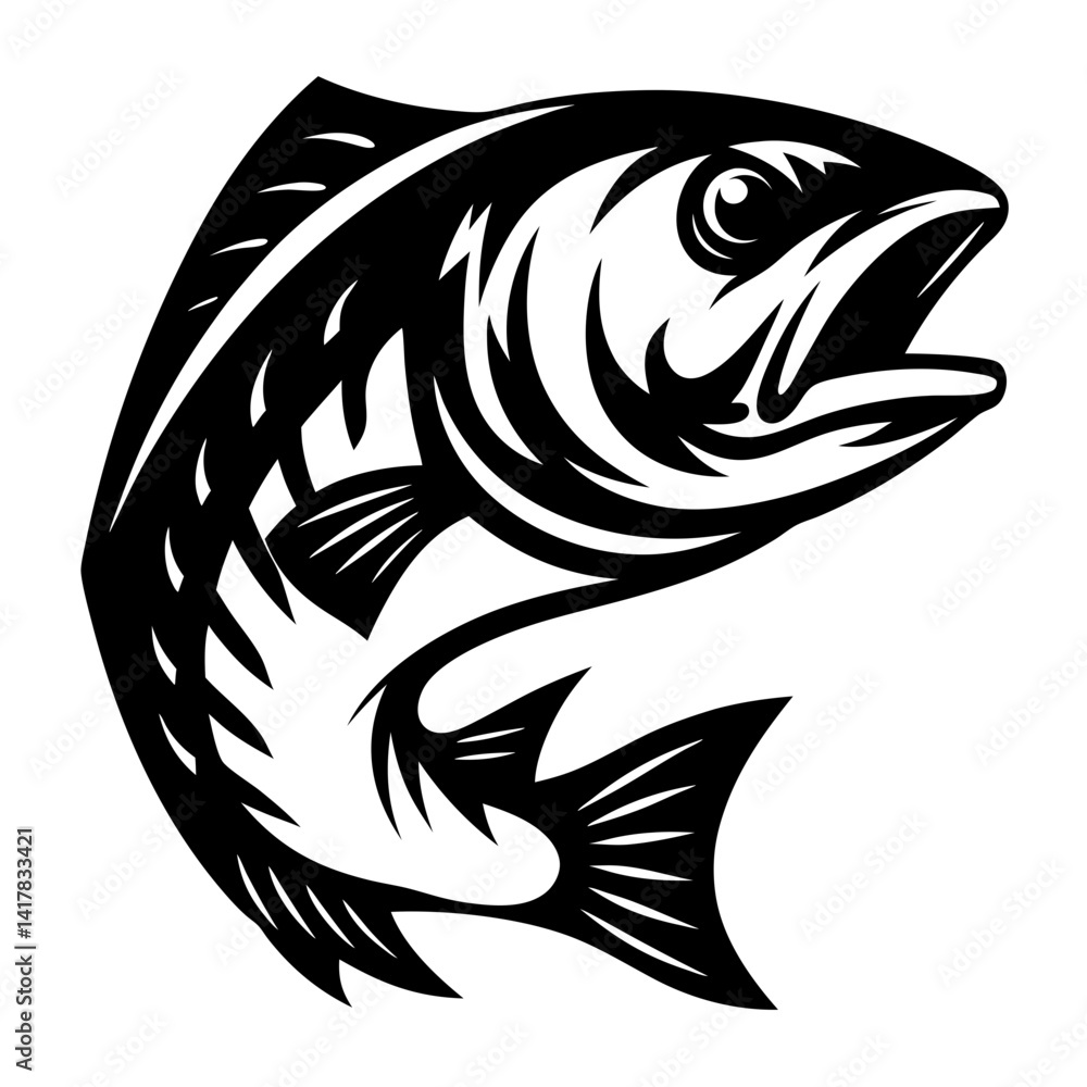 Black and white illustration of a jumping fish with an open mouth Black and white illustration of a jumping fish with an open mouth