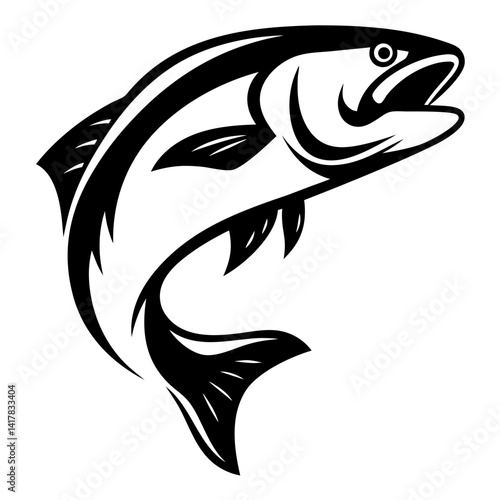 Black and white vector illustration of a leaping fish with open mouth
