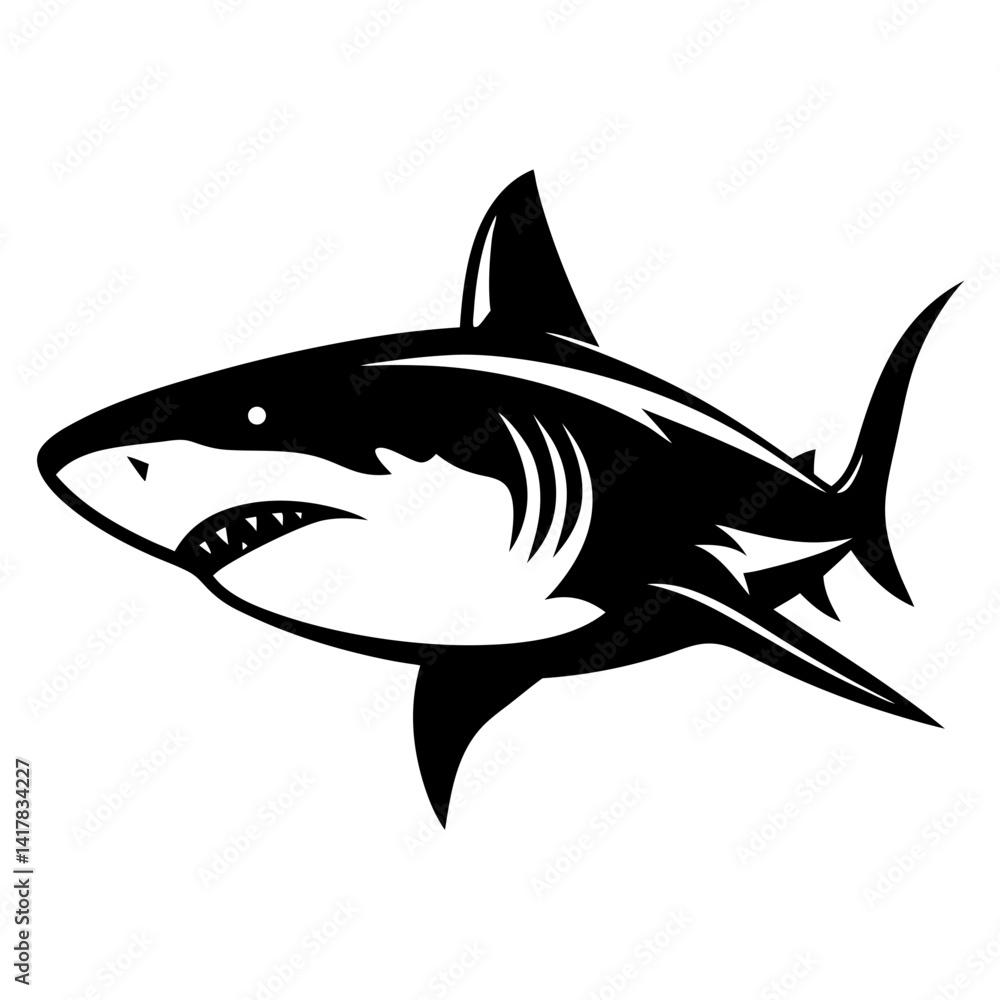 Fototapeta premium Black and white vector illustration of a great white shark profile