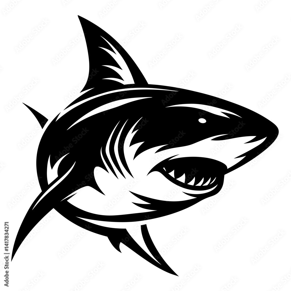 Fototapeta premium Monochrome illustration of a great white shark with exposed teeth and gills