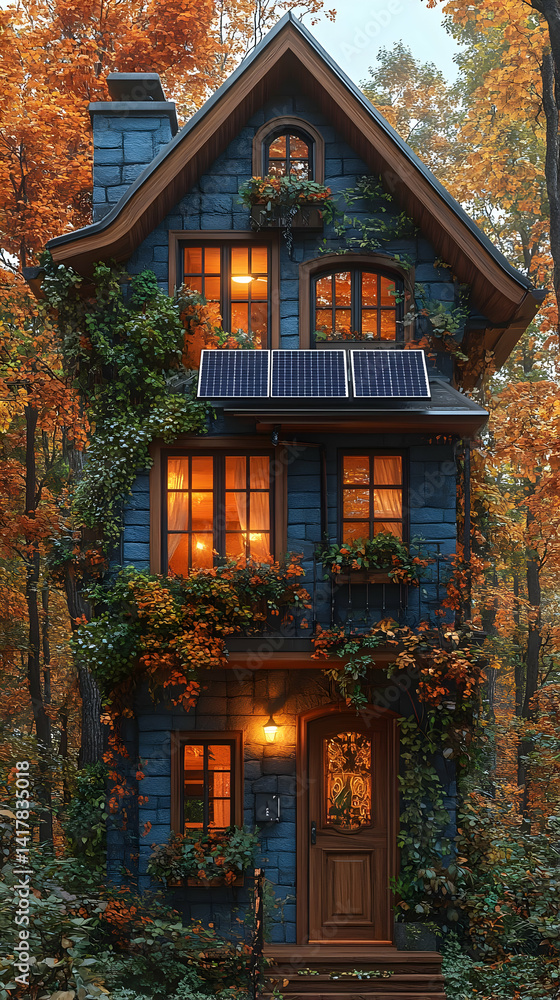 Fototapeta premium Autumn Cottage Illustration: Solar Powered Home in Woods