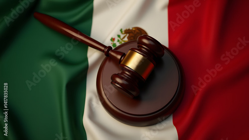 Mahogany gavel with copper over Mexican tricolor flag. Cultural legal symbolism with warm tones.