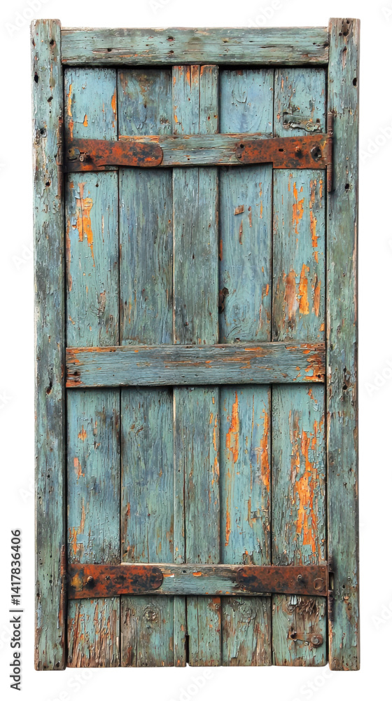 Fototapeta premium Set of Weathered blue wooden door with rusted metal accents. isolate on transparent background
