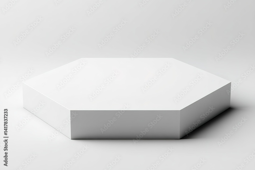 Minimalistic white hexagonal platform on a smooth surface for product display and presentations in a professional setting Minimalistic white hexagonal platform on a smooth surface for product display and presentations in a professional setting