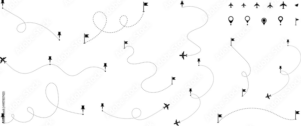 Airplane routes set. Aircraft planes tracking, travel, location pins, map pins. Plane, airplane, aircraft paths Airplane routes set. Aircraft planes tracking, travel, location pins, map pins. Plane, airplane, aircraft paths