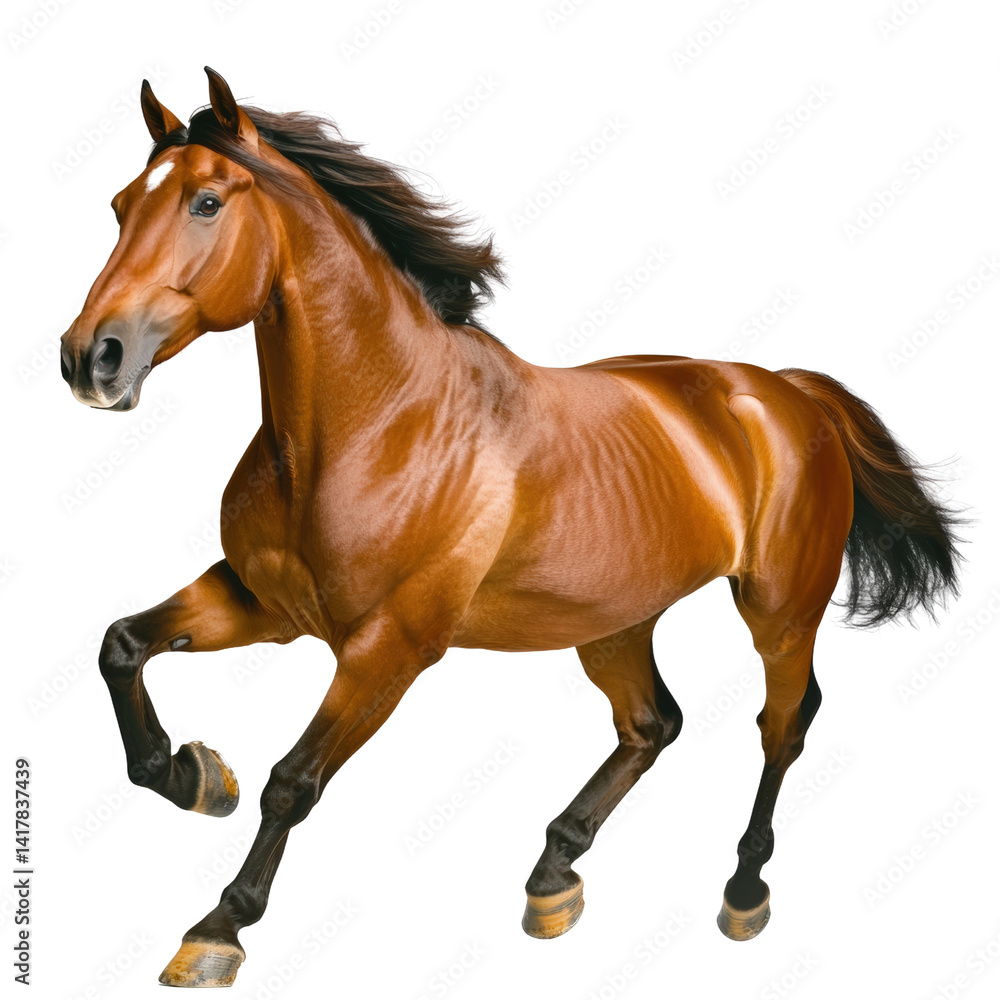 Obraz premium Mature brown horse running fast on open field with flowing mane and tail, showcasing strength, agility, power, and elegance in motion du daylight