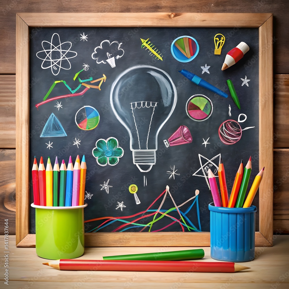 Chalkboard with Lightbulb and Colorful Drawings
