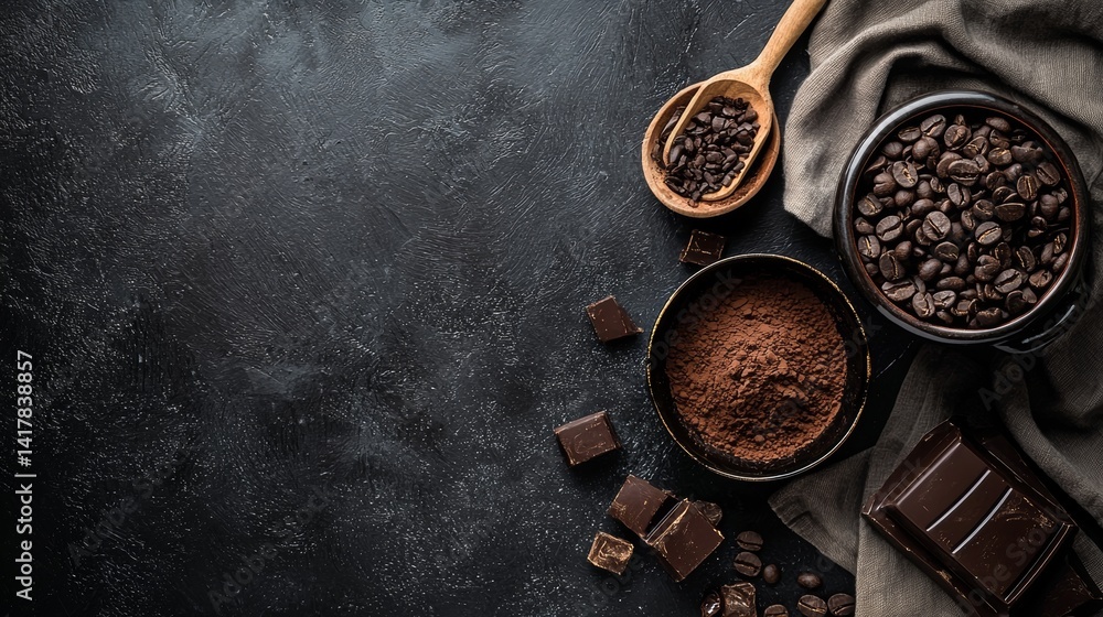 Chocolate ingredients and coffee beans on moody stone background