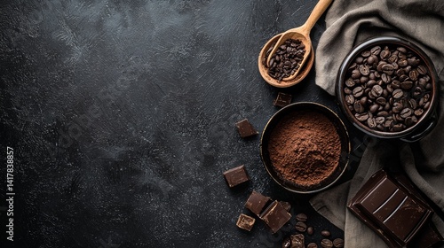 Obraz na płótnie Chocolate ingredients and coffee beans on moody stone background w salonie