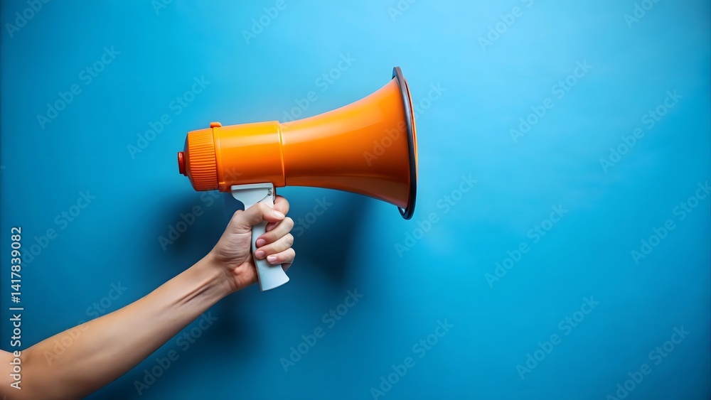 Hand Holding Orange Megaphone Against Blue Background