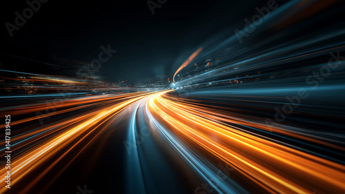 Long exposure night shots showing orange and blue light trails curving through city roads. Dynamic, energetic visuals capturing speed and modern urban motion.