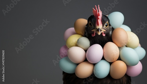 A chicken is wearing a colorful egg costume