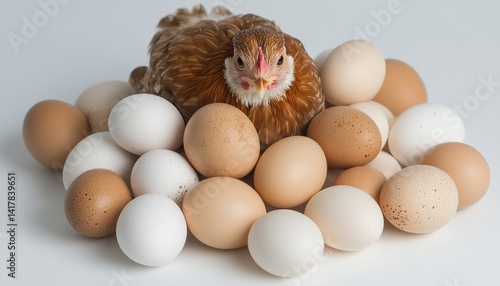 A chicken is laying on top of a pile of eggs