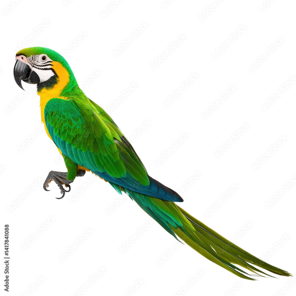Obraz premium Vibrant and colorful parrot with green yellow blue feathers perched with a detailed head and long tail isolated on white background