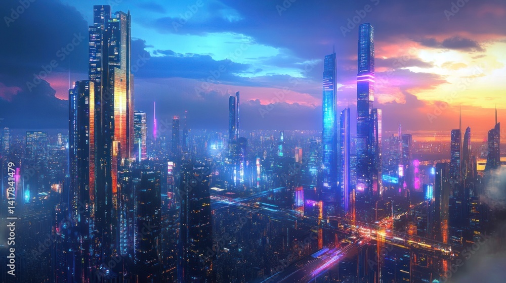 Fototapeta premium A vibrant city with futuristic skyscrapers symbolizing rapid economic growth --ar 16:9 --v 6.1 Job ID: cbc3c95e-4ec7-4617-85e5-0ba6cb378821