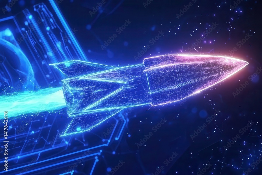 A futuristic rocket is depicted in a digital design, emanating bright energy trails against a dark, tech-inspired background. A futuristic rocket is depicted in a digital design, emanating bright energy trails against a dark, tech-inspired background.