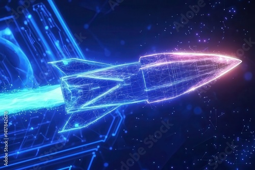 A futuristic rocket is depicted in a digital design, emanating bright energy trails against a dark, tech-inspired background.