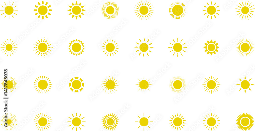 Sun icon set. Yellow sun star icons or logo collection. Summer, sunlight, sunset, sunburst. Sun icon set. Yellow sun star icons or logo collection. Summer, sunlight, sunset, sunburst.