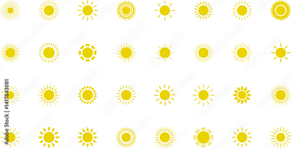 Sun icon set. Yellow sun star icons or logo collection. Summer, sunlight, sunset, sunburst. Sun icon set. Yellow sun star icons or logo collection. Summer, sunlight, sunset, sunburst.