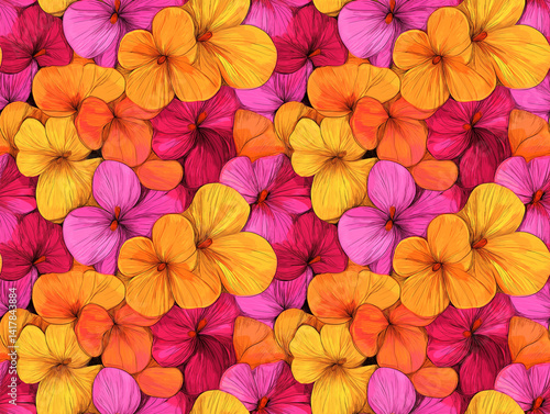 Dense and vibrant seamless pattern of overlapping pink, orange, red and yellow flowers