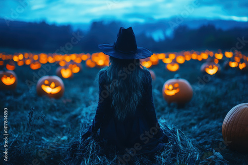 A woman sitting in a field of pumpkins, surrounded by vibrant orange hues on a sunny day.