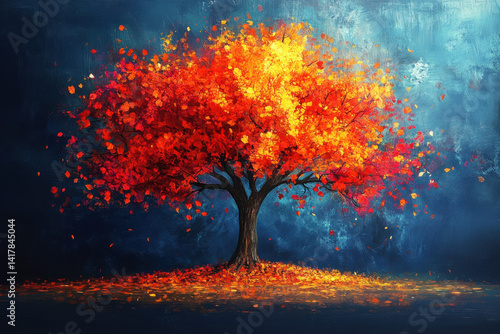 Vibrant painting: Tree with red leaves in a serene forest setting.