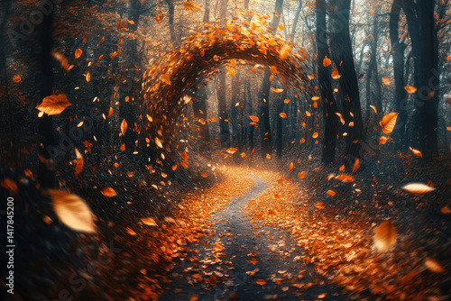 Path through forest, leaves cascading, nature's autumn dance.
