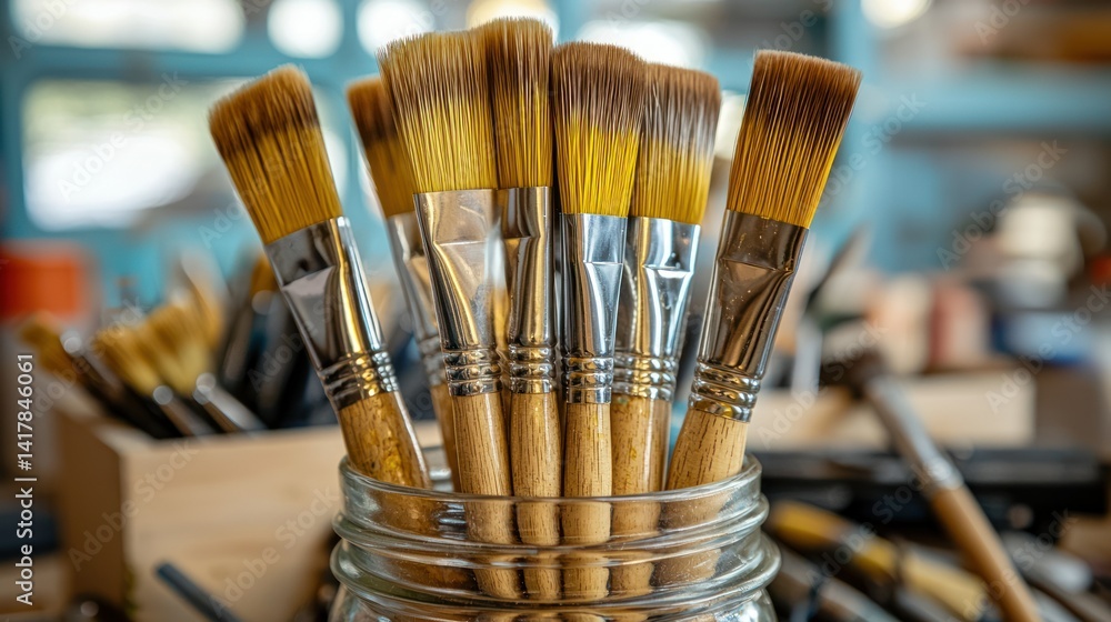 Fototapeta premium Paintbrushes in mason jar, craft workshop, tools in background