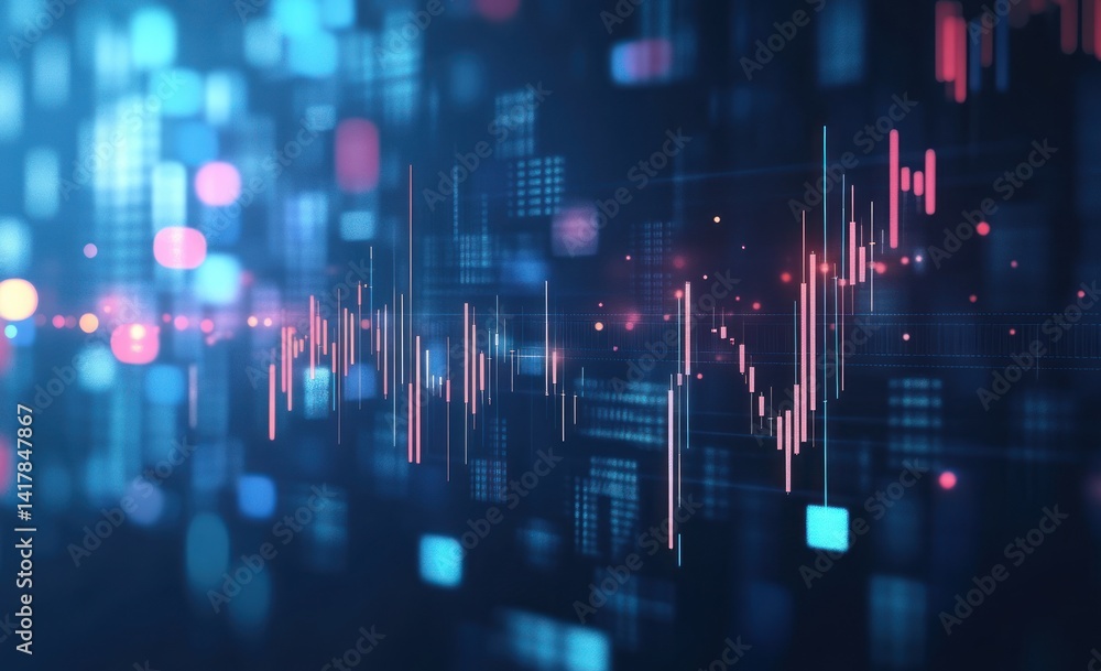 Abstract financial chart with blue bokeh background showing market trends and data. Abstract financial chart with blue bokeh background showing market trends and data.