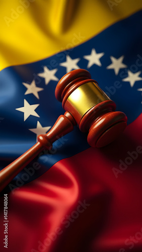 Bloodwood gavel with gold over Venezuelan flag. Patriotic legal symbolism with tropical light.