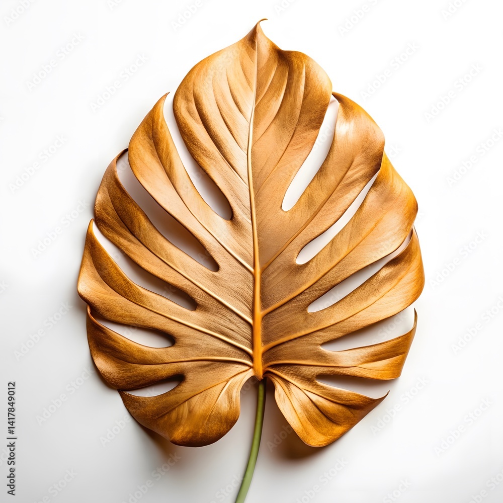 Golden Monstera Leaf on White Background