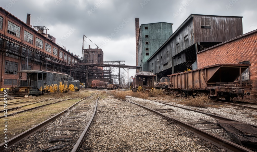 Abandoned trains and rusting buildings in a gloomy industrial area Abandoned trains and rusting buildings in a gloomy industrial area