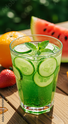 Refreshing green drink with mint  with cucumbers and ice against fruits  summer cocktail