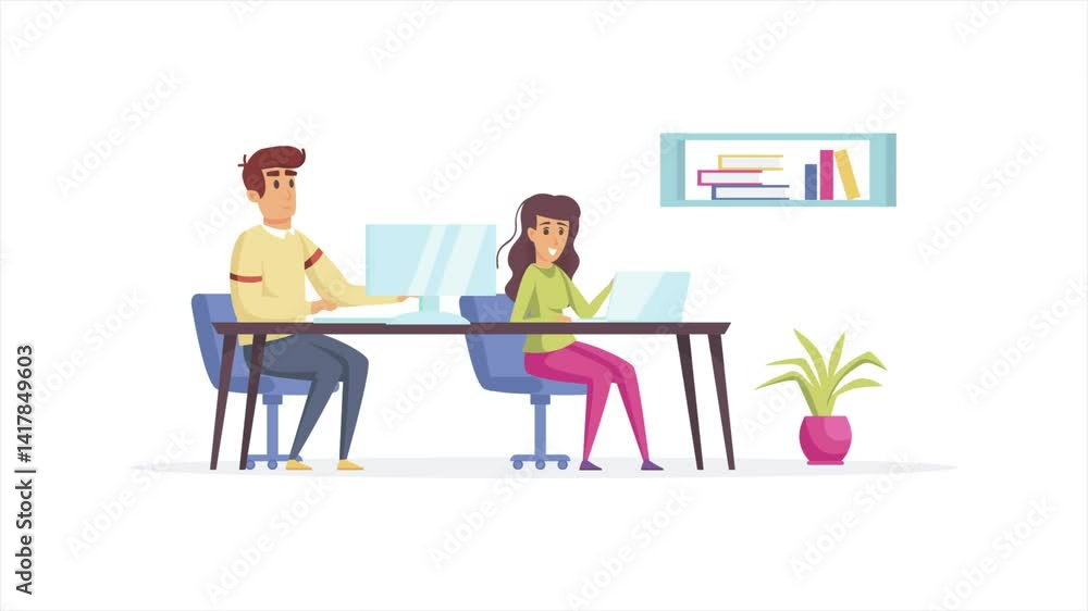 Two People Sitting at Table with Laptops, 2D Office Illustration Animation of Workplace Collaboration and Productivity
Two People Sitting at Table with Laptops, 2D Office Illustration Animation of Workplace Collaboration and Productivity