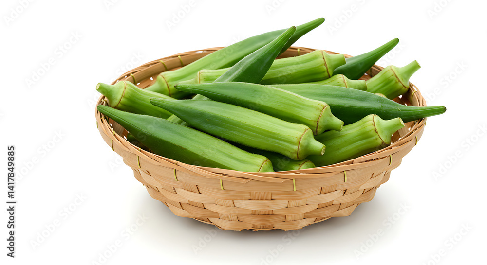 Okra in a shallow basket isolated on white Okra in a shallow basket isolated on white