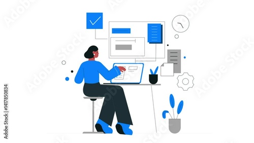 Woman Sitting at Desk and Working on Laptop, 2D Animation of Professional Office Scene
