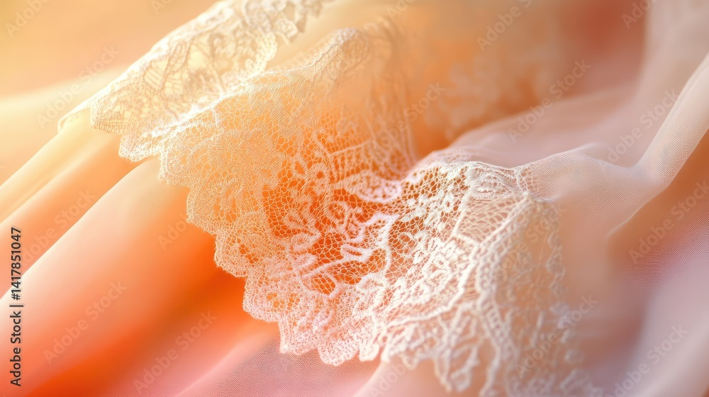 Fototapeta premium Close-up of intricate lacework on a Victorian gown, softly contrasted against a faded pink background