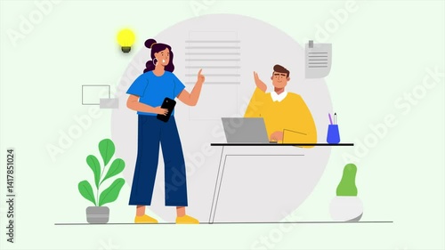Business People Working Together in an Office, 2D Illustration Animation Video, Teamwork and Collaboration Scene in 4K Resolution