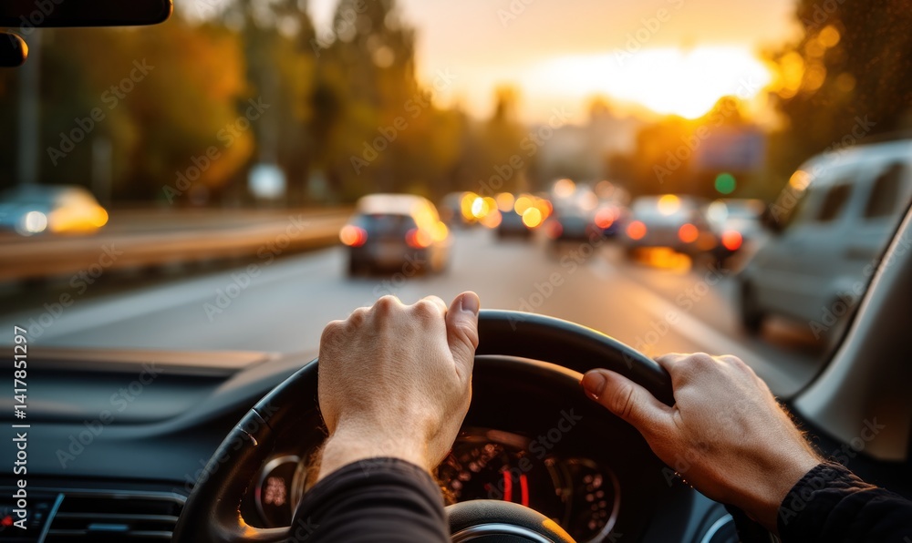 Naklejka premium Driver's hands on steering wheel, highway at sunset