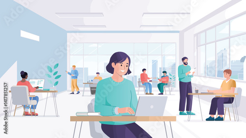 A flat vector illustration depicting a bright, open-plan coworking space with several individuals engaged in different activities