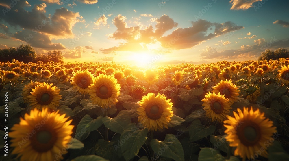 Fototapeta premium Sunset over a vast sunflower field