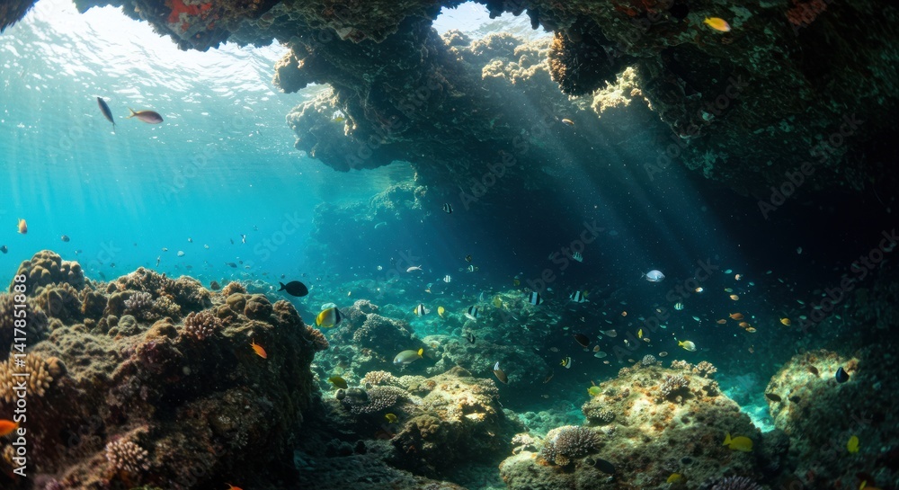 Fototapeta premium Underwater Cave with Fish Photo