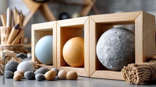 Three wooden boxes with three different colored balls inside