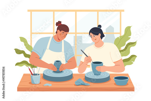 A flat vector illustration depicting two people collaboratively crafting pottery in a bright, airy workshop