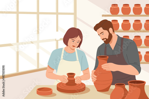 A flat vector illustration depicting two people collaboratively crafting pottery in a bright, airy workshop